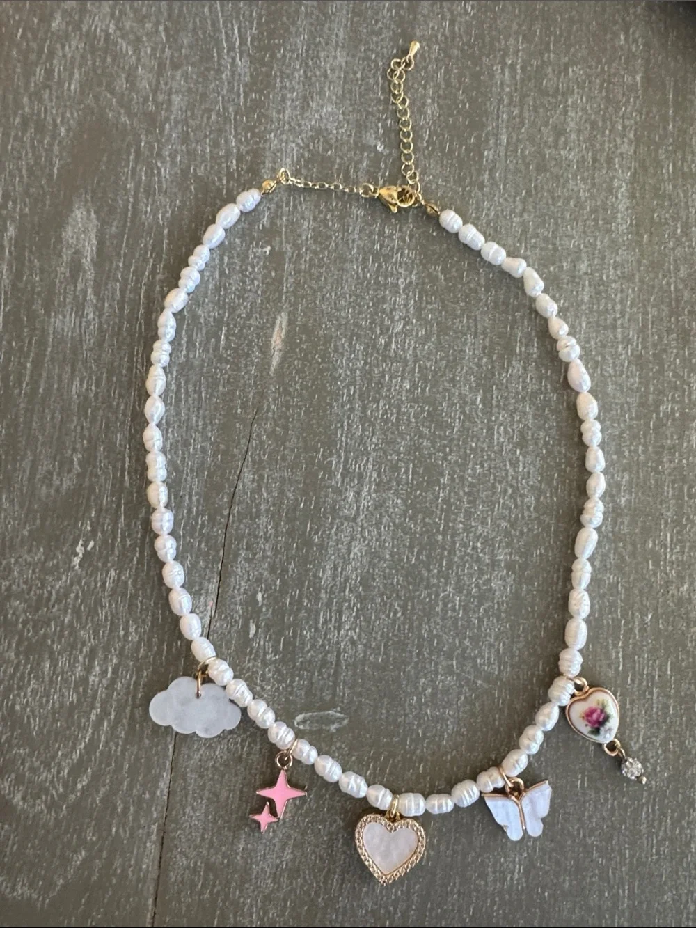 Pearl Bead Charm Necklace with Heart, Butterfly & Floral Charms
